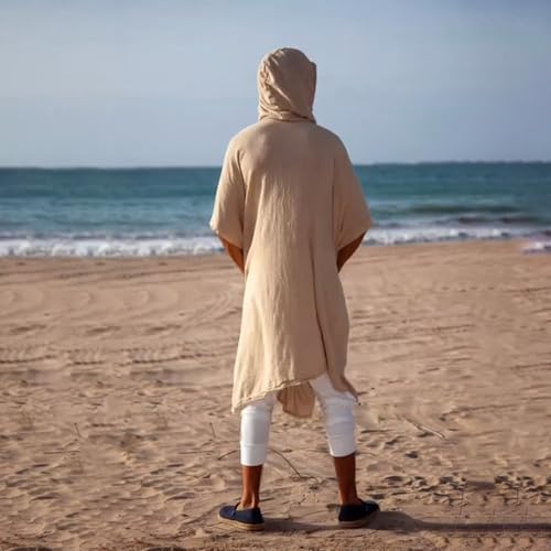 Cambkatl Men's Long Hooded Cardigan Short Sleeve Shawl Collar Lightweight Kimono Jackets Open Front Drape Cape Beach Coverups3