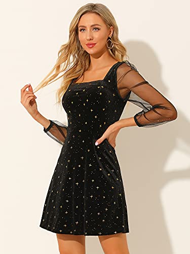 Allegra K Women's Sparkly Glitter Velvet Mesh Sheer Sleeve Star Metallic Dress4