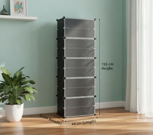Image of KRISHYAM DIY Shoe Rack Organizer with Doors | 20 Pair Capacity | Portable Shoe Storage Cabinet for Boots, Shoes & Slippers | 10 Shelves - 5 Door Closet Organizer (Black)