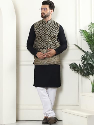 Image of SOJANYA (Since 1958 Men's Cotton Linen Maroon Kurta and White Pyjama with Mustard Cotton Nehru Jacket