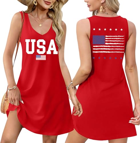 Image of NEWWEN American Flag Dress Women 4th of July Sleeveless Tank Dress 250 Anniversary USA Patriotic Summer Sundress