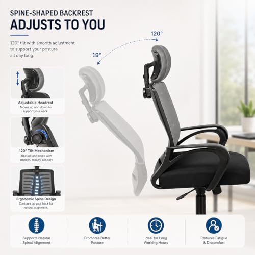 Image of HIGHLIVING Ergonomic Office Chair | Adjustable Headrest | 120 Tilt | Breathable Mesh Back | Moulded Foam Seat | Class 4 Gas Lift | Metal Base | High Back Computer Chair for Home & Office