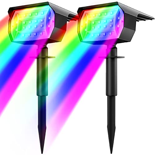 LOTOMOS [7 Farbmodi] Solarstrahler für Außen Garten 2 Stück/Bunt RGB, Solarlampen für Außen LED Solar Strahler Außen IP65 Wasserdicht Gartenleuchten Solarleuchten für Baum Weihnachtstag Halloween