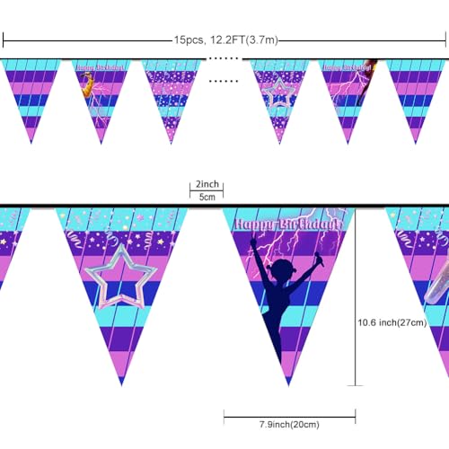 Image of K-POP Starry Birthday Banner - 12.2FT Polyester Bunting with 15pcs Triangle Flags, Blue Purple Gradient Star & Music Note Pennant Banner for Kpop Fans Party, Indoor Outdoor Hanging Decor