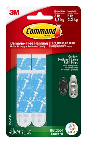 Command Outdoor Medium & Large Refill Strips, 24 Weather Resistant Command Strips (4-Pack of 4 Medium Strips and 2 Large Strips), Water- & UV-Resistant, Re-Hang Command Hooks for Wreath or Wall Décor