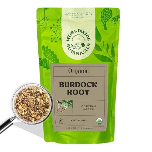 Worldwide Botanicals Organic Burdock Root 1 lb - 100% Arctium lappa - Raz de Bardana Cut & Sift Excellent Detox and Digestion Herb tea Used to make Root Beer 16 ounces