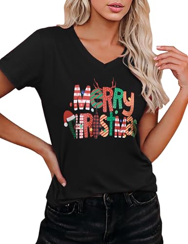 Crewhpo Tee Shirt de Noël Femme Coton T-Shirts de Noël avec Col en V Haut à Imprimé Sapin de Noël T-Shirt Noel Drole Ample pour Les Vacances S-XXL
