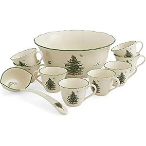 Spode Christmas Tree 10 Piece Punch Bowl Set- Made of Fine Porcelain Includes – 1 Punch Bowl – 1 Ladle – 8 Punch Cups – Punch Bowl is 11 Inch – Punch Cups are 8 oz.