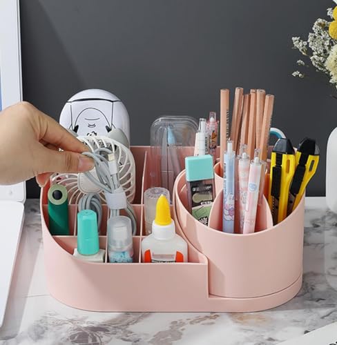 Image of 360 Degree Rotating Desk Makeup Brush Organizers and Pencil Pen Organizers for Desk Desktop Storage Stationery Supplies Cute Pencil Cup Pot for Office School Home (Pink)