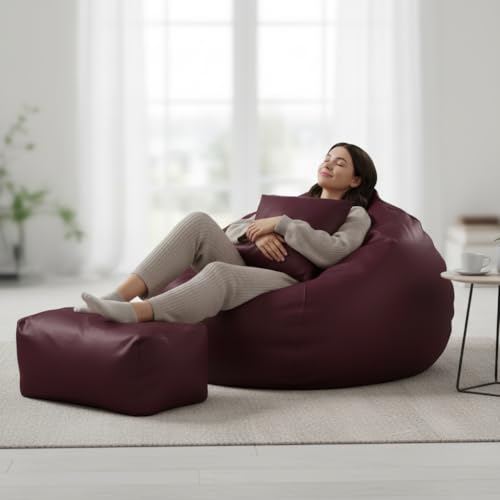 Image of Luxury 5XL Jumbo Bean Bag with Footrest & Cushion | Premium Leatherette | High-Density Beans Filled | Heavy Duty Double Stitch | 6 Months Warranty Color- (Navy Blue) (Maroon)
