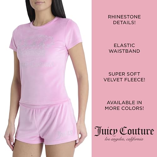 Image of Juicy Couture Women's 2 Piece Velvet Fleece Short Sleeve Shirt and Pajama Shorts Lounge Sleepwear Set