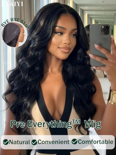 Image of KLAIYI Bye Bye Slip Loose Body Wave Glueless Pre Cut 7X5 Lace Front Wigs Human Hair Drawstring 30S Ready to Wear and Go Wig Pre Plucked Bleached Knots Bouncy Curls Pre Everything Beginners Wig 16Inch