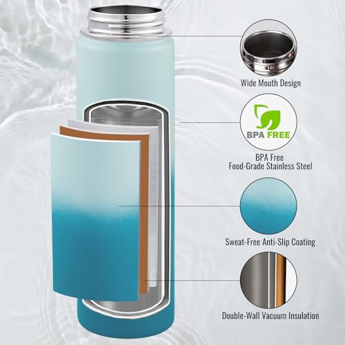 Image of Fijinhom Insulated Water Bottle with Handle, 304 Stainless Steel Water Bottles with Wide Mouth, Double Wall Vacuum Sports Water Bottle, BPA Free, Keep Cold and Hot, 24 Ounces, Coastal Fade