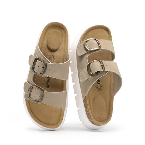 DREAM PAIRS Women's Platform Sandals Wedge Chunky Heel Slip-on Comfort Slides with Arch Support Cork Footbed Adjustable Buckle Summer Slide Sandals,Size 8,Beige,SDSS26007W