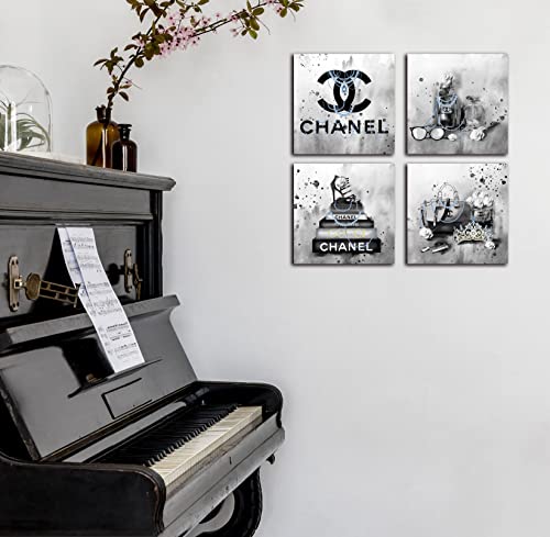 Image of Meetdeceny Fashion Wall-Art For Bedroom Women - Black And White Bathroom Decor Wall Art - Fashion Book Stack Grey Painting Canvas Artwork Size 10 inchx10 inch 4 Pieces Ready To Hang