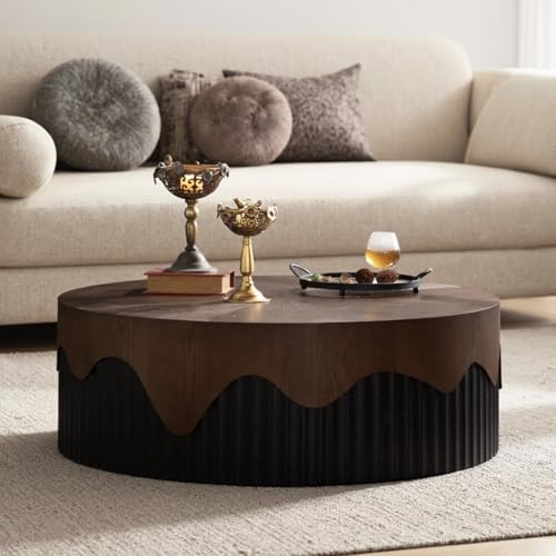 Image of WOODEN SPACE WaveEdge Round Center Table | Modern Designer Coffee Table for Living Room | HDHMR & Wooden Build | Fluted Base Luxury Center Table