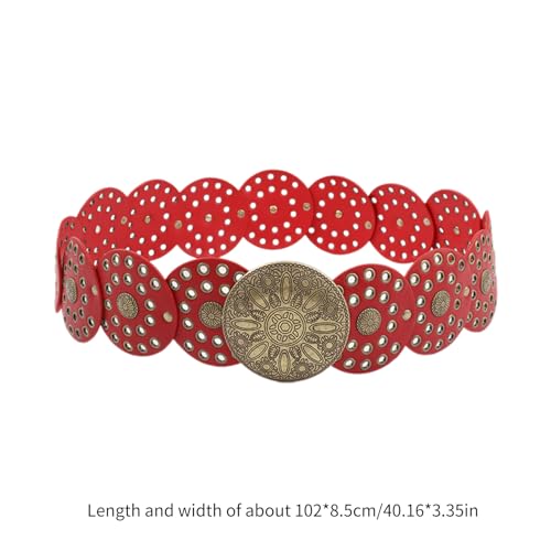 Belts for Women,Womens Leather Belt,Round Disc Hollowed PU Belt for Jeans Pants Waist Decors Large Eyelet Wide Belt for Jeans Shorts Women Waist Accessories(Red)4
