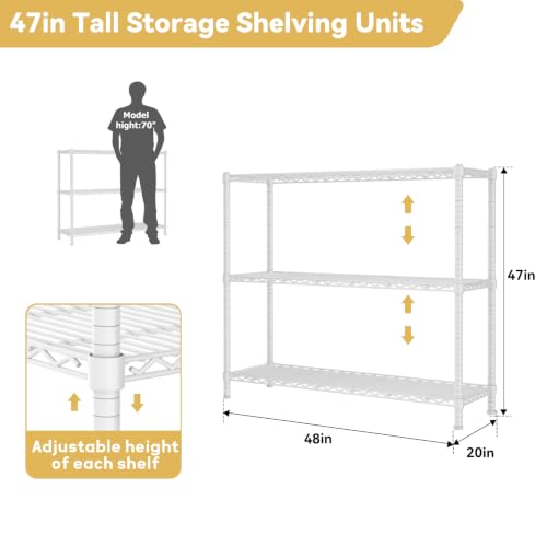 Image of Storage Shelves Heavy Duty, 48 inch W x 20 inch D x 47 inch H Garage Wire Shelving Unit Loads 1200LBS, 3-Tier Adjustable Metal Industrial Utility Shelf Rack for Kitchen, Laundry Room, Pantry, Warehouse, Basement