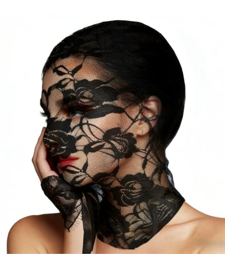 SRLLBBY Floral Lace Full Face Mask, Wrist Cuff (2 pack) Hair Bibbon for Photography Halloween Cosplay DIY Enthusiasts (Black)