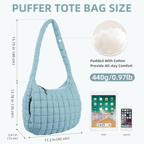 Image of Quilted Tote Bag Hobo Bags for Women Slouchy Tote Bag Puffy Crossbody Bags Light Blue