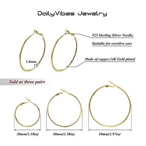 Big Gold Hoop Earrings for Women Hypoallergenic 925 Sterling Silver Post Thin Loop 14K Gold Plated Hoop Earrings Set for Women, 3 Pairs4