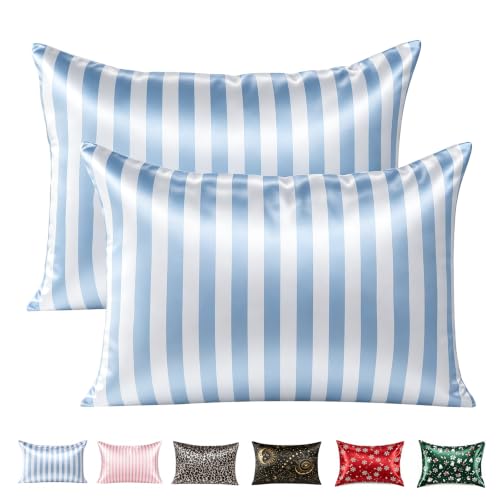 Mulberry Silk Pillow Cases for Hair and Skin, Standard, Stripes Blue, 2 pcs