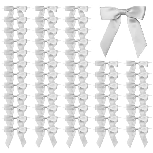 Satin Ribbon Bows for Gift Wrapping - 2.5 Inch Premade Bows with Twist Ties for Treat Bags Birthday Baby Shower Wedding & Party Decorations - 50 Count (Silver)