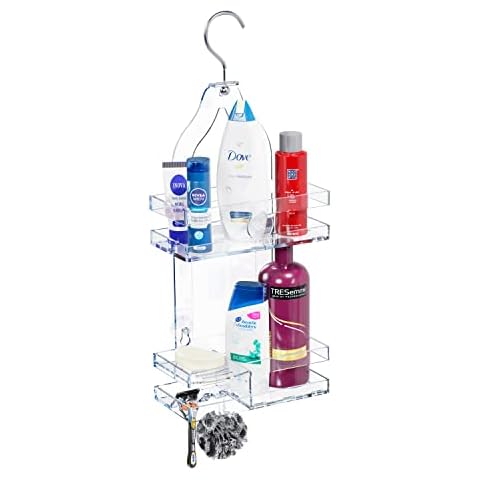 SKATCO Chic Hanging Shower Caddy Organiser - Acrylic Rust-Proof 2-tier Shower Shelf No-Drilling-Just-Hanging Bathroom Shelf - Smart Bath Storage Rack With Soap Holder/Hooks - Holds Shampoo, Razor Cover
