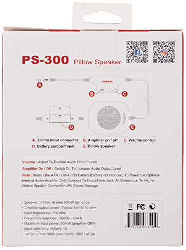 Image of Sangean PS-300 Pillow Speaker with In-line Volume Control and Amplifier (White)