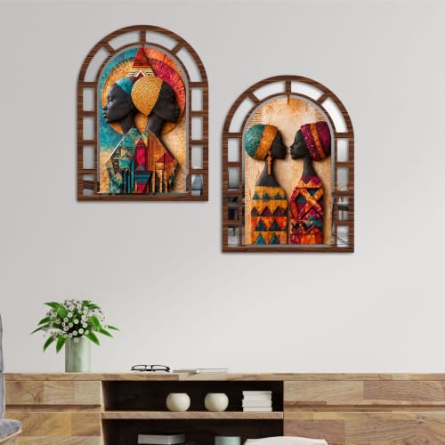Image of Artvibes Ethnic Women Wall Decoration | Wall Hanging Jharokha Mirror for Living Room, Bedroom, Hall, Office, Entrance & Lobby | Gift for Special One (WH 12019N), Set of 2