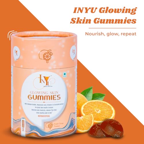 Image of INYU Glowing Skin Gummies (Pack of 30) | with Hyaluronic Acid, Vitamin C, E & Curcumin Extract | for Signs of Ageing, Healthier, Glowing & Softer Skin
