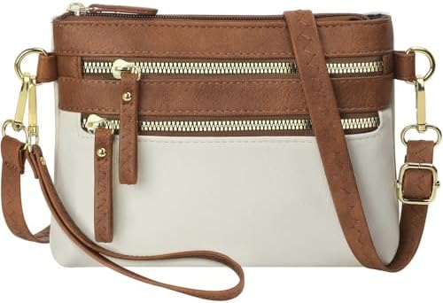 Stylish Wristlet Wallets for Women, Vegan Leather Small Crossbody Bags for Women Travel Wristlet Purse Clutch Handbags, Beige With Brown