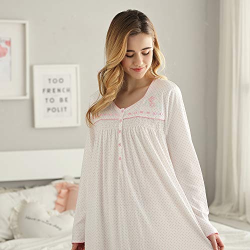 Keyocean Nightgowns for Women Plus Size, Cotton Long-Sleeve Long Soft Women Sleepwear Lounge-wear, Cream, XX-Large