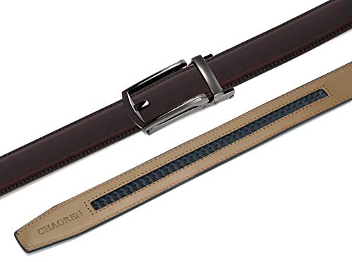 Image of Chaoren Leather Ratchet Belt 2 Pack Dress with Click Sliding Buckle 1 3 /8 inch in Gift Set Box - Adjustable Trim to Fit
