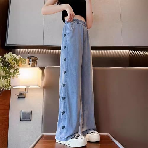 Girls Wide Leg Jeans Heart Print Elastic Waist Solid Pants 𝗙lowy Summer Casual Comfy Trousers with Pocket4