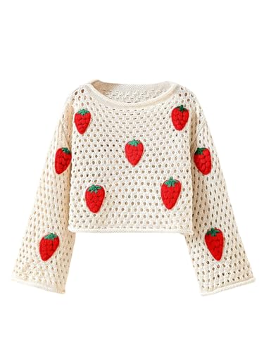 SHENHE Girl's Hollow Out Crochet Knit Top Strawberry Sweater Crew Neck Loose Fit Sweater Pullover