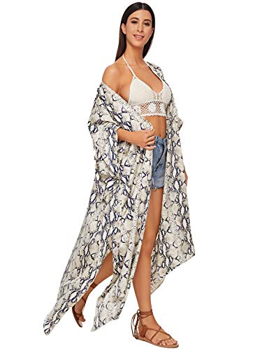 SweatyRocks Women's Flowy Kimono Cardigan Open Front Maxi Dress Blue White XX-Large