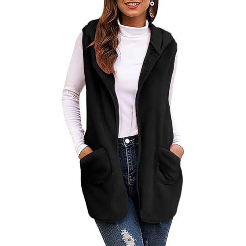 Women Fuzzy Fleece Hooded Vest Coat Casual Fall Winter Warm Open Front Cardigan Sherpa Sleeveless Jacket with Pockets