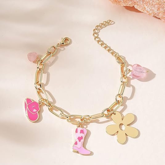Cowboy Boot Hat Bracelet with Flower Western Jewelry for Women Cowgirl Charms Bracelet Gifts3