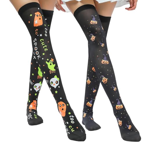 Lot de 2 paires de chaussettes montantes noires au-dessus du genou avec toile de citrouille