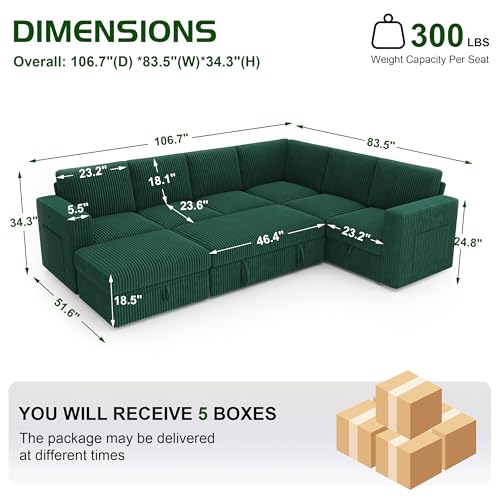 Image of Sectional Sleeper Sofa, Pull Out Couch with Storage,Green,7 Seat