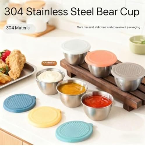 Image of Stainless Steel Sauce Cup with Lid, Small Leak-Proof Container for Chutney, Salad Dressing, Tiffin, Lunch Box, Travel & Kitchen Storage-4PCS