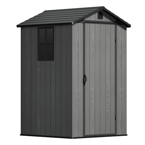Image of Devoko 4x4 FT Resin Storage Sheds with Floor, Plastic Outdoor Tool Shed with Windows, Waterproof Outside Sheds and Lockable Doors for Backyard Lawn Garden, Dark Gray