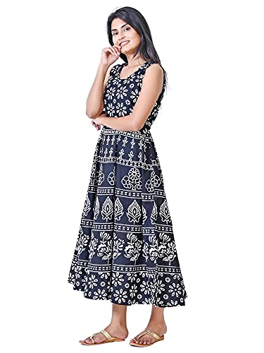 Image of Women's Cotton Printed Traditional Long Midi Maxi Kurti /One Piece Dress (Black Flower)