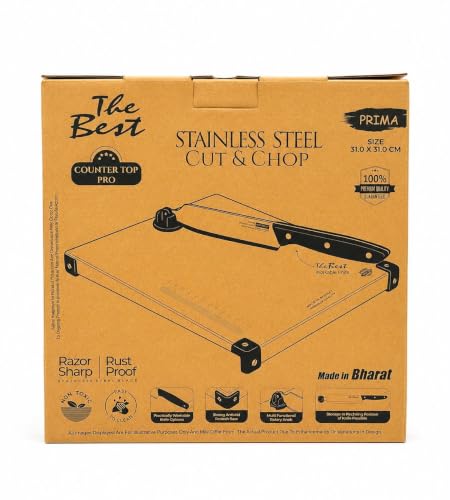 Image of Heavy Duty Stainless Steel Chopping Board with Attached Knife Set - Non-Slip Vegetable & Fruit Cutting Board, Rustproof & Dishwasher Safe Board for Kitchen (Square Counter top)