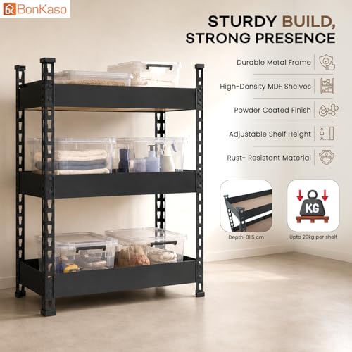Image of Bonkaso 3 Tier Multipurpose Storage Rack for Kitchen & Bathroom | Countertop Organizer Basket Stand | Large Space-Saving Metal Storage Shelf for Home & Office | Black | 60x36x69 cm
