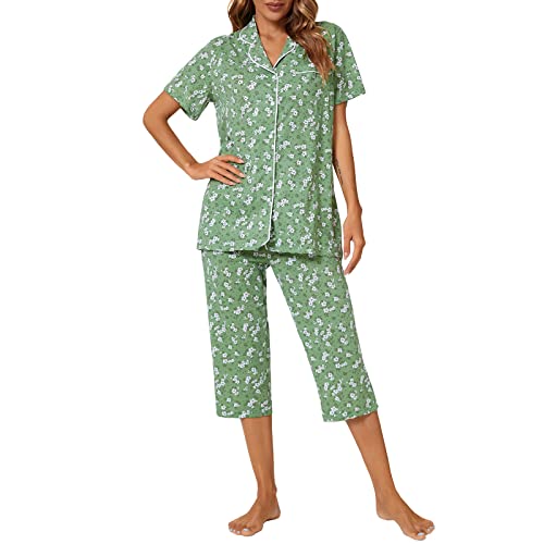 Image of Tugege Capri Pajamas Set Womens Button Down Short Sleeve Lounge Sets Sleepwear Notch Collar Top & Capri 2 Piece PJ Sets
