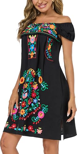 YZXDORWJ Women Mexican Embroidered Dress Casual Loose Bohemian Floral Dress Short Sleeve Long Maxi Summer Beach Swing Dress