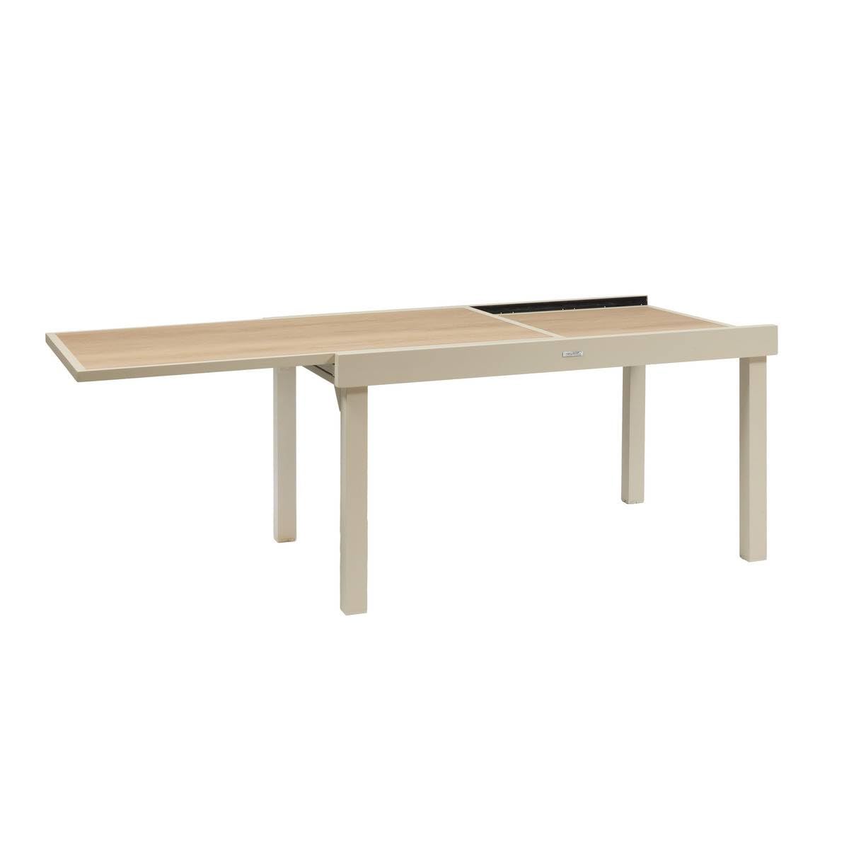 Hespéride - Table de Jardin Extensible Piazza Argile - 10 Places - Aluminium Traité Epoxy Antirouille - Plateau Verre Trempé Effet Bois - Meuble d'Extérieur à Rallonge Coulissante