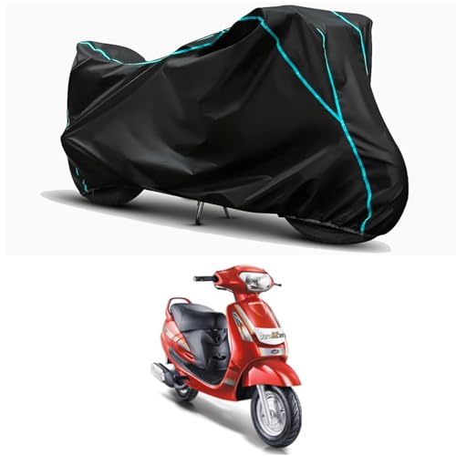 Image of Waterproof Bike Body Cover Compatible for | Mahindra Duro DZ | Taffeta Fabric, Sky Piping Design, Bottom Elastic Fit | Dustproof, Sun UV & Rain Protection for All Weather.